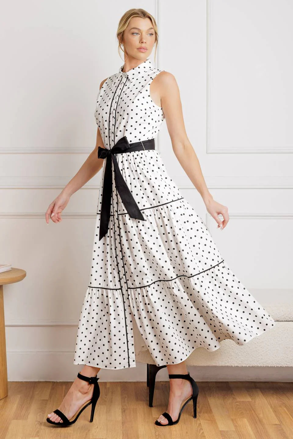 RETRO DOTS WHITE BLACK POLKA DOT MIDI DRESS