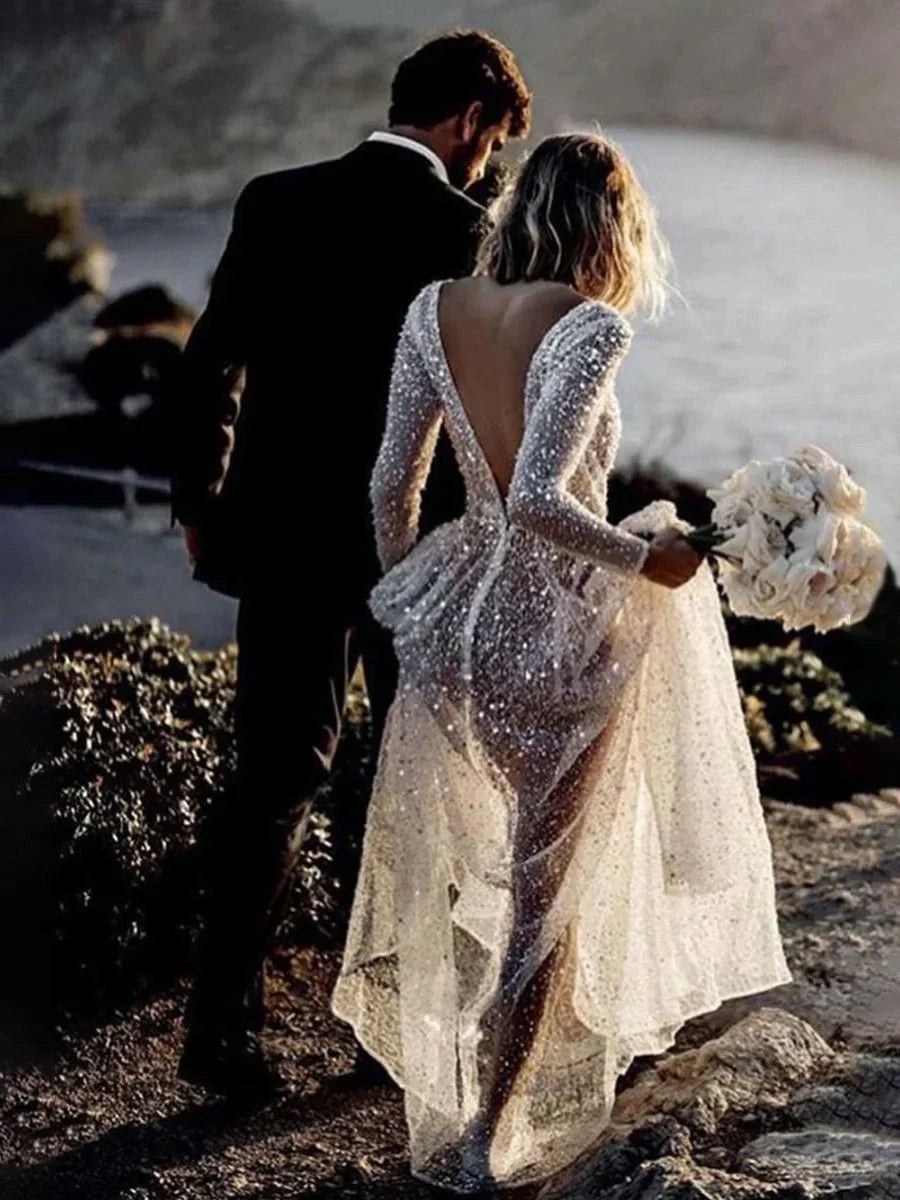 Bohemian A Line Sparkly Sequined Luxury Wedding Dresses