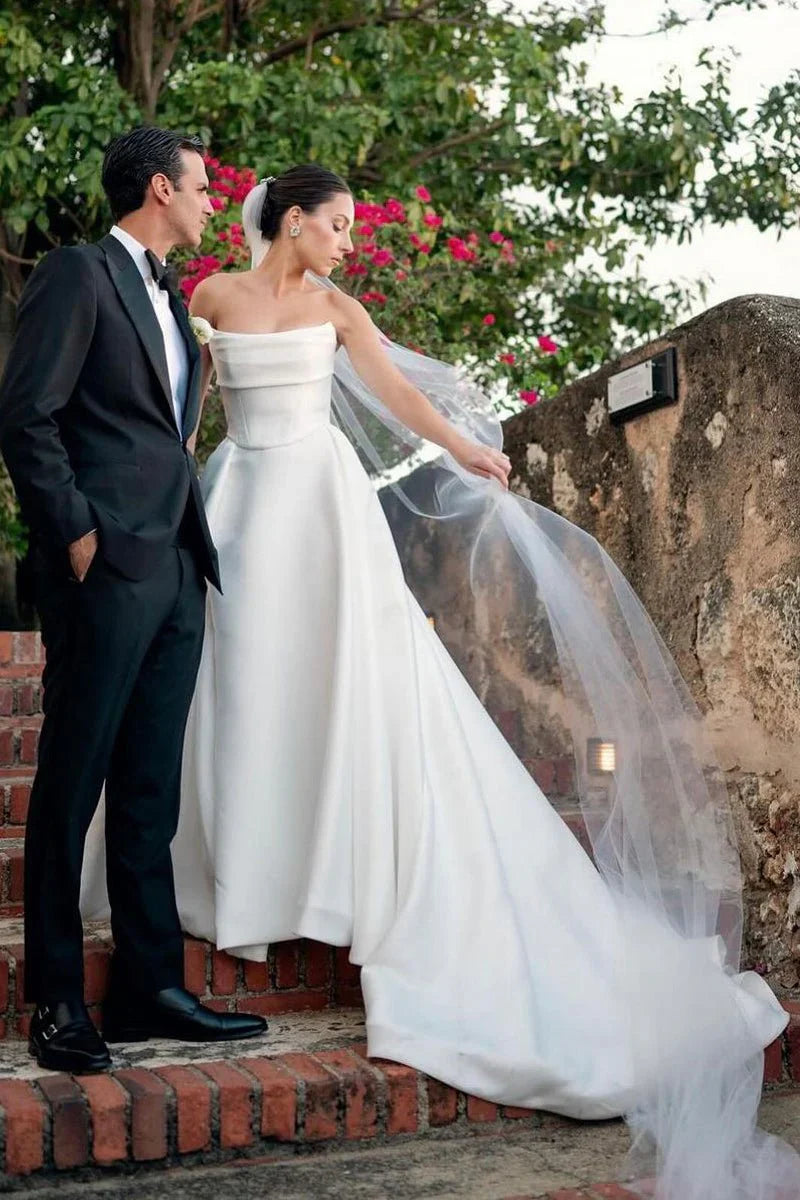 White Strapless Satin A Line Wedding Dresses