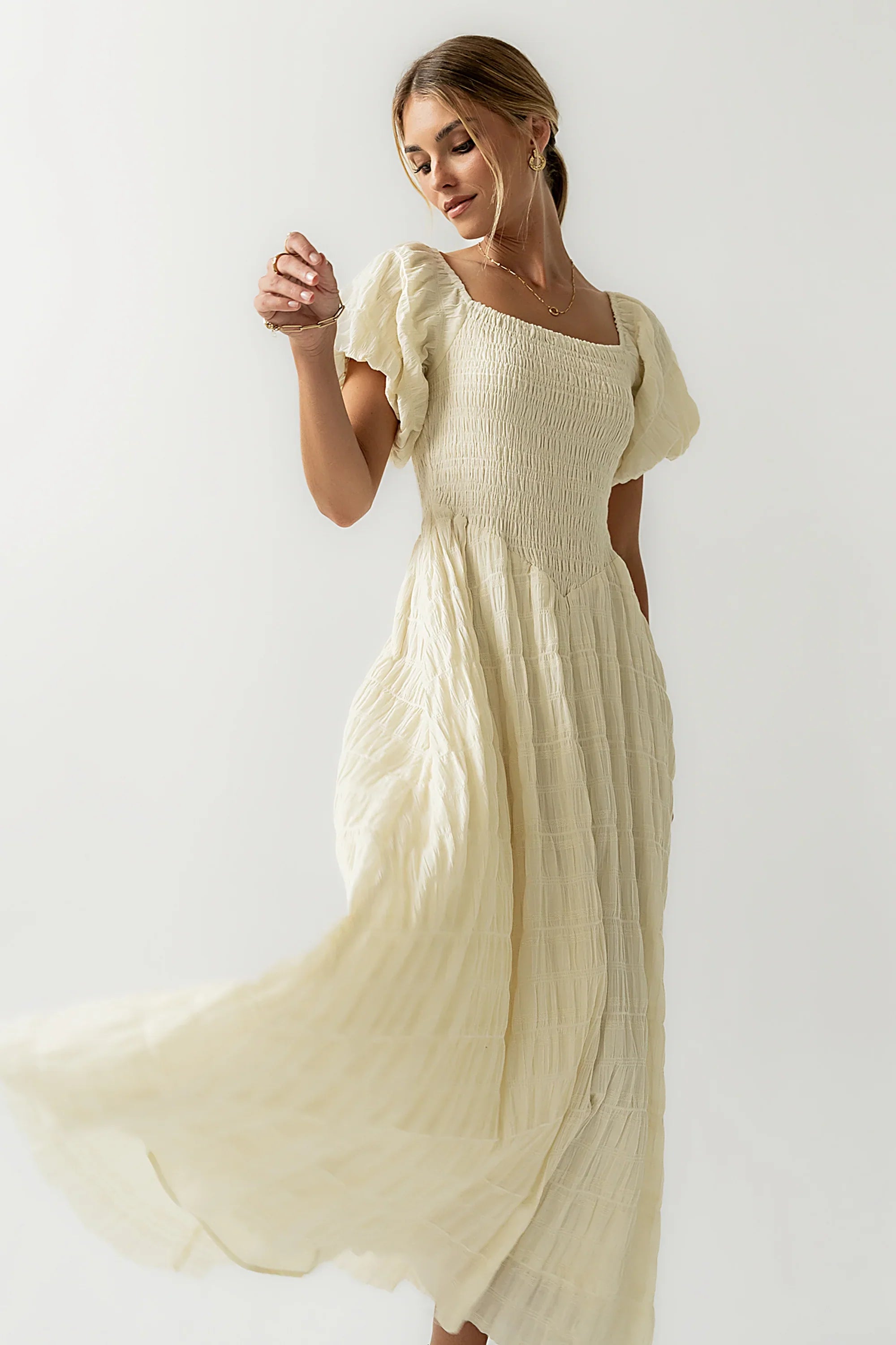 Beckie Smocked Maxi Dress in Off White