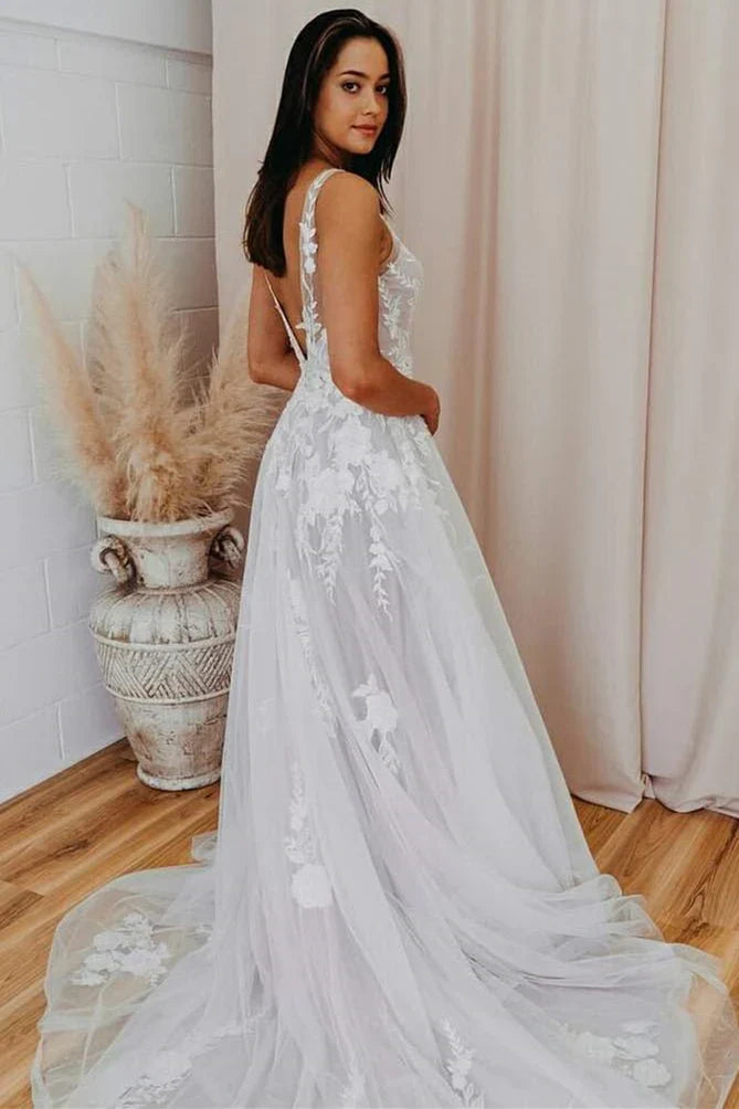 A Line V Back Long White Wedding Dress with Lace Appliqued