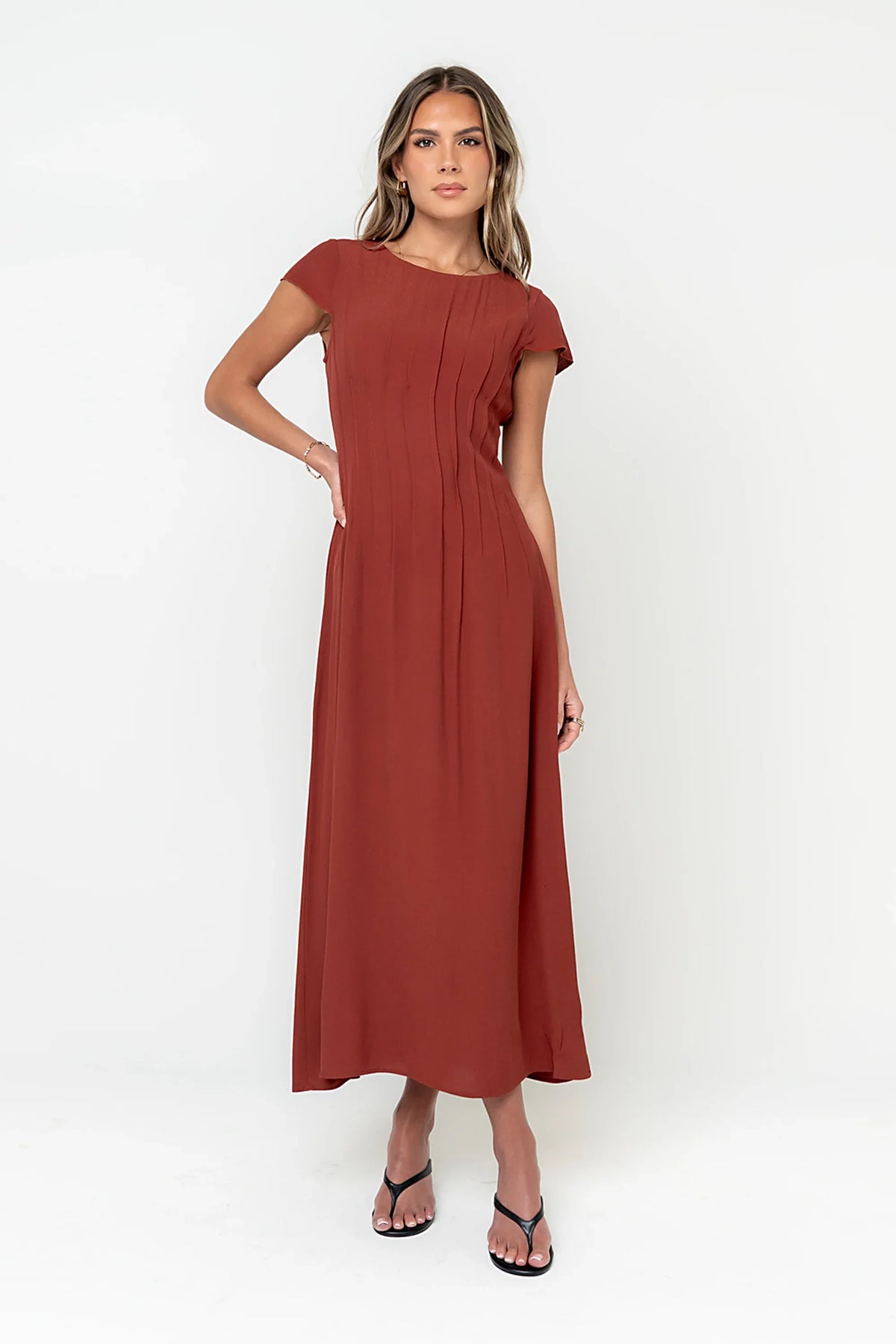 Carolina Pleated Maxi Dress in Brick