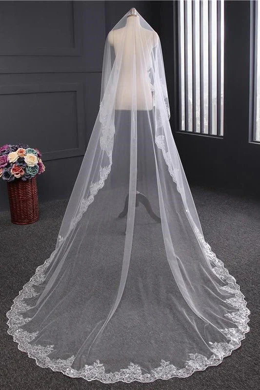 Vintage One Tier Tulle Lace Long Wedding Veil