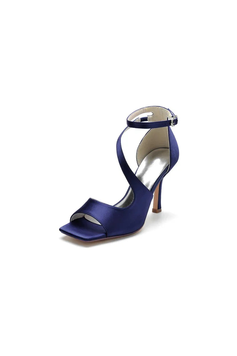 Simple Square Open Toe Ankle Strap Satin Prom Shoes
