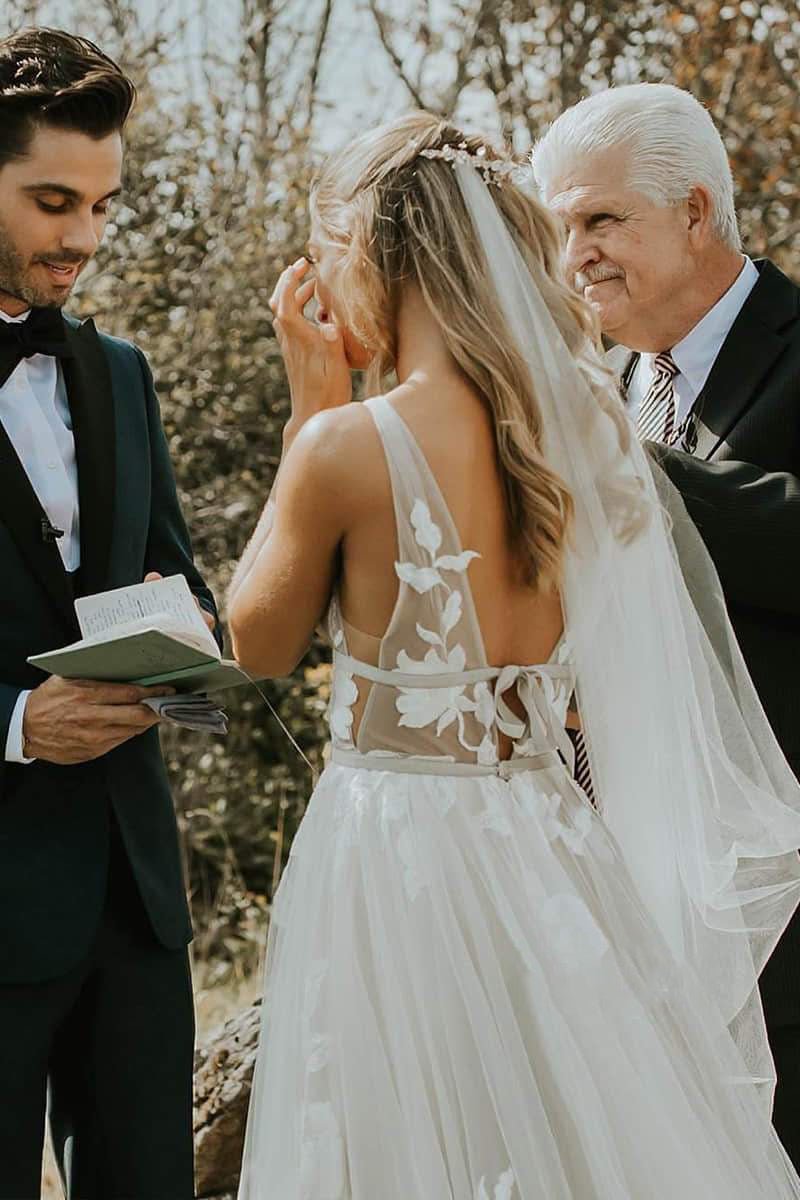 Marvelous V neck A Line Wedding Dress Tulle Appliques Rustic Wedding Dress