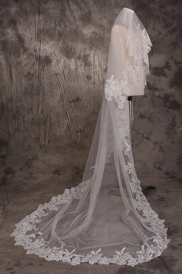 Vintage One Tier Lace Edge With Tulle Wedding Veil