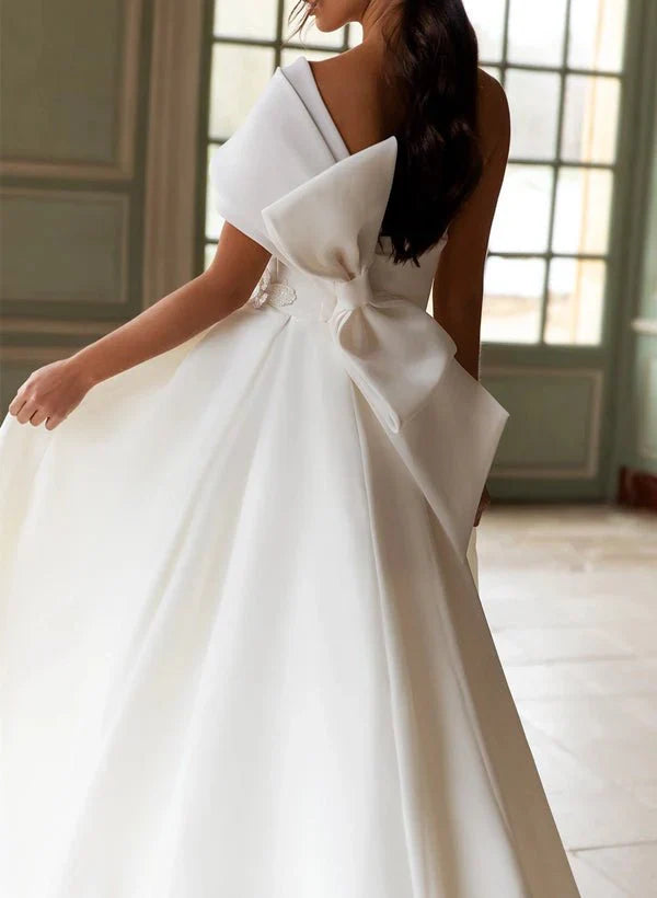 A Line One Shoulder Organza Sweep Train Wedding Dress With Appliques Lace