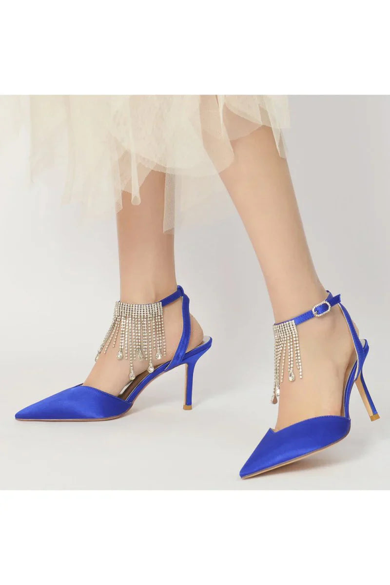 Pointed Toe Crystal Tassel Strap Heels