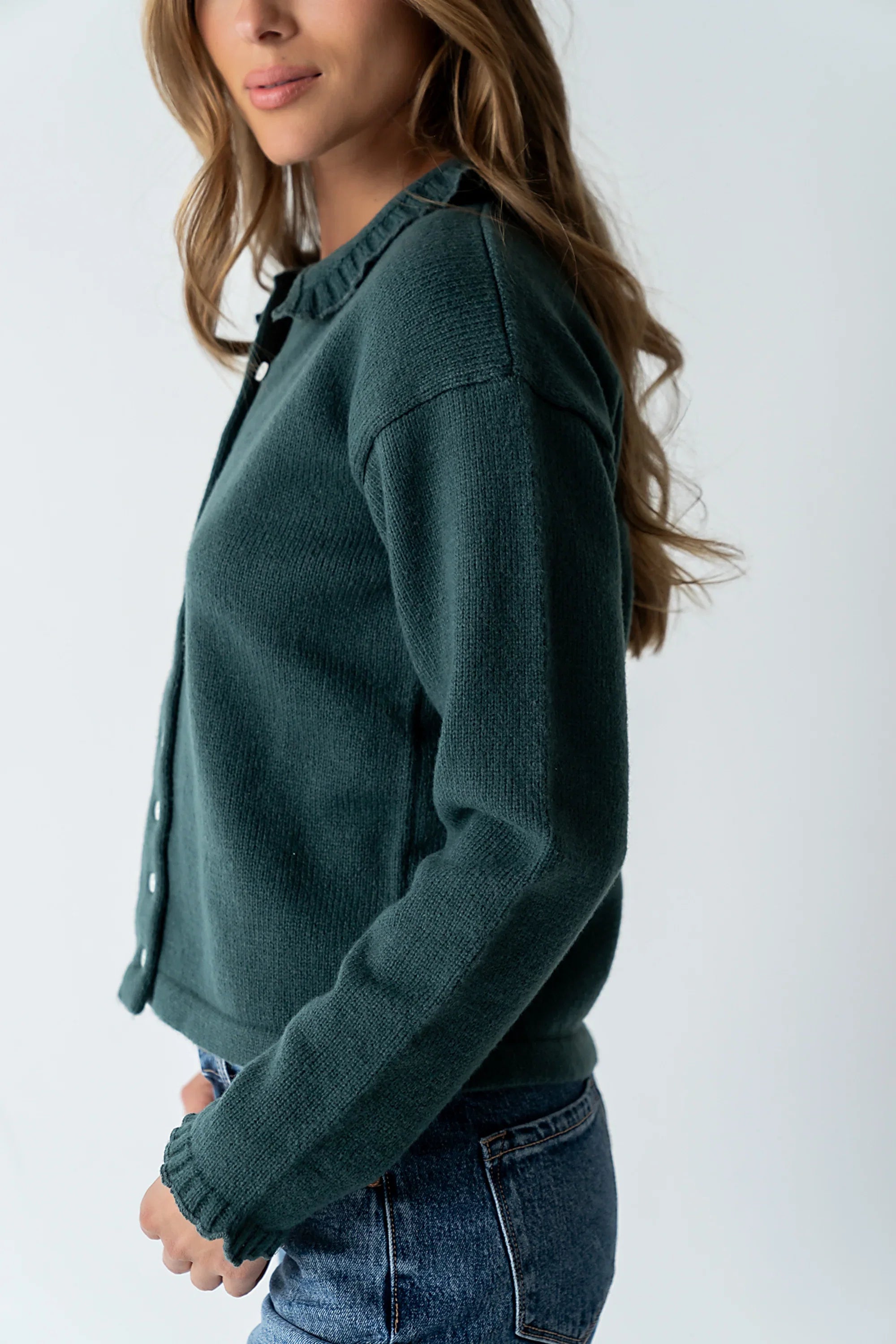 Trixie Ruffled Cardigan in Hunter Green