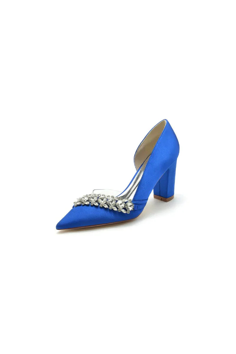 Chic Satin Pointed Toe Slip on Chunky Heels With Rhinestone