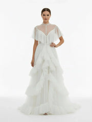 High Split A Line See through Short Sleeves Ruffle Tulle Wedding Dresses