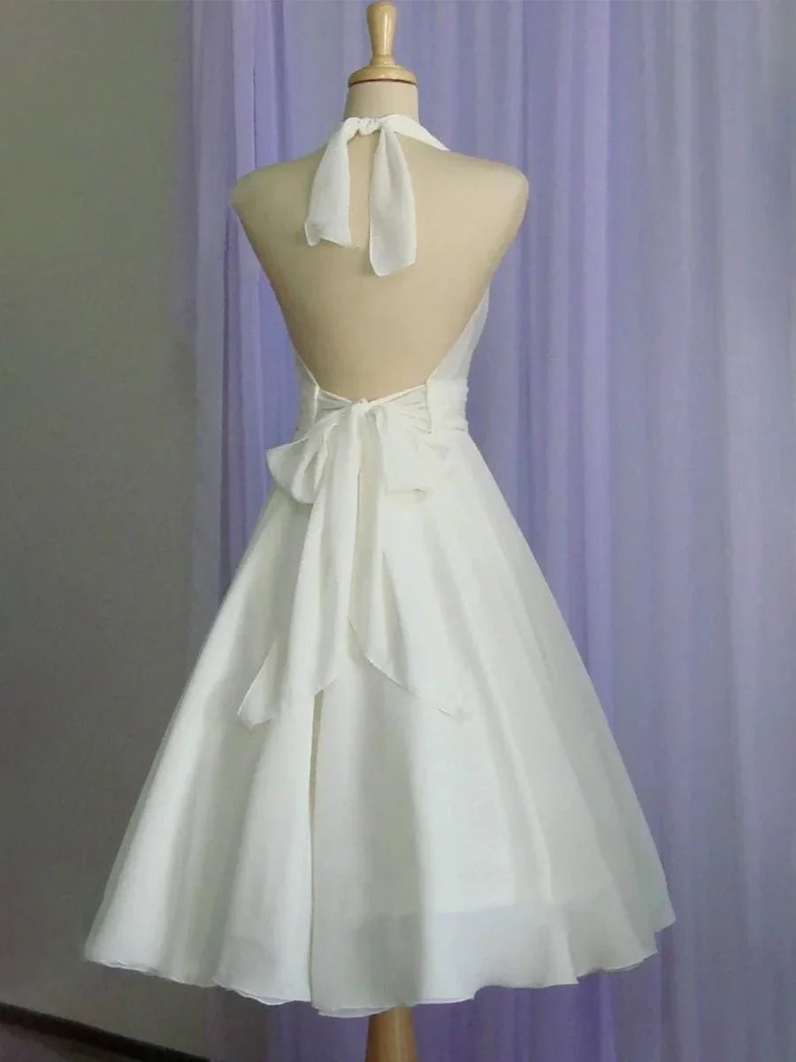 Vintage Tea Length Chiffon Wedding Dress With Halter Neck and Bow