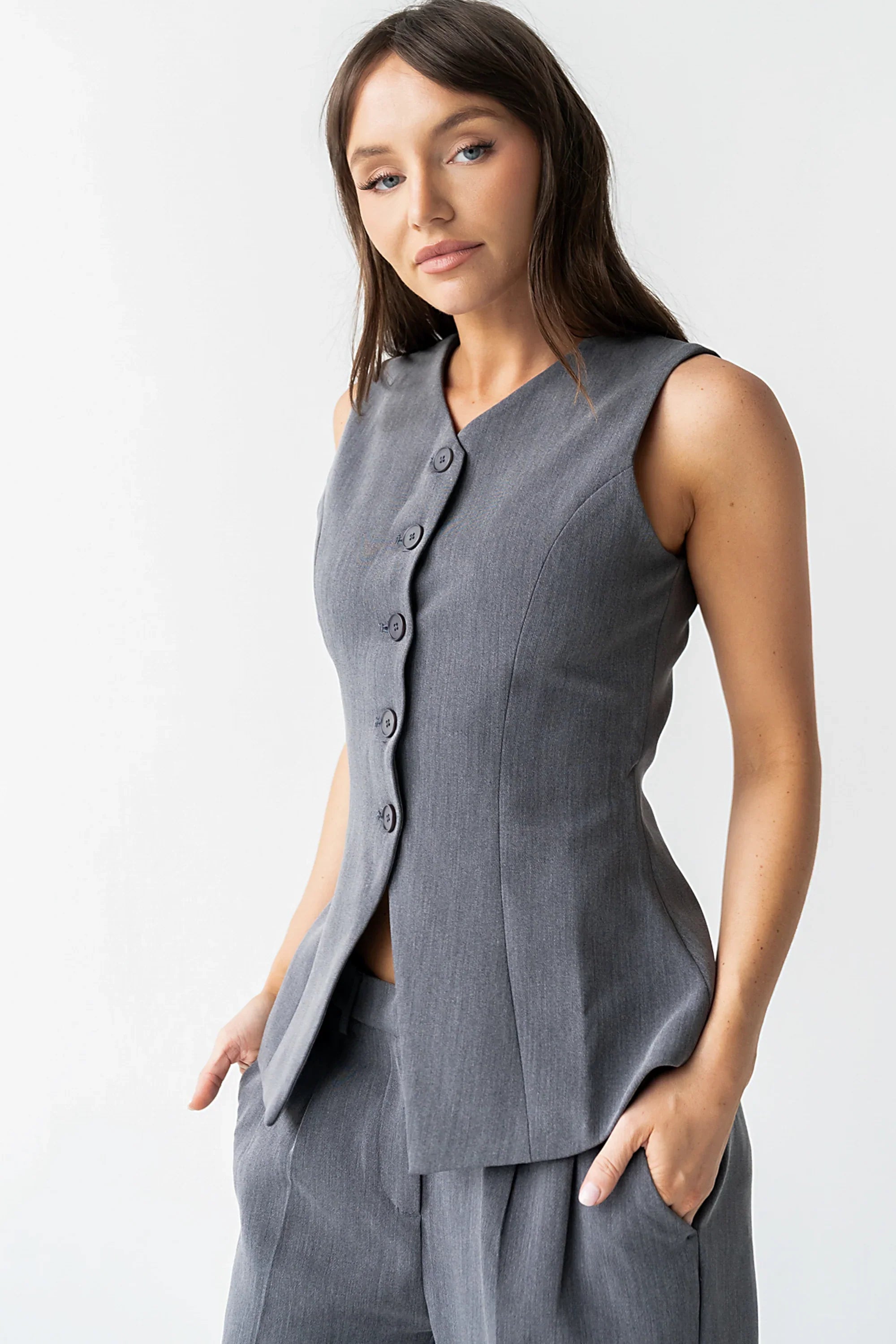 Carrie Button Up Vest in Charcoal