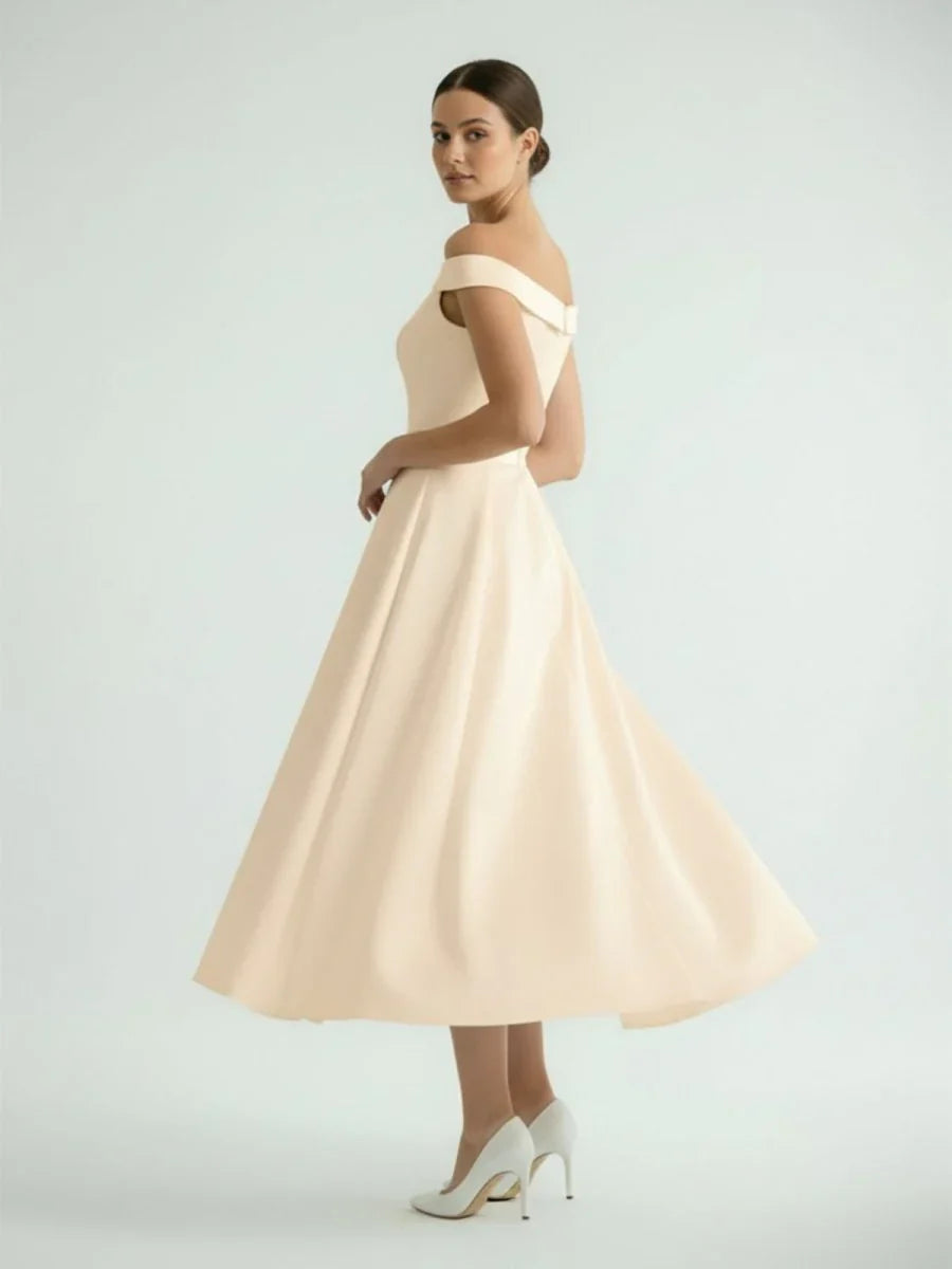 Sleeveless Tea Length Satin Wedding Dress With Sash And Off The Shoulder Neck