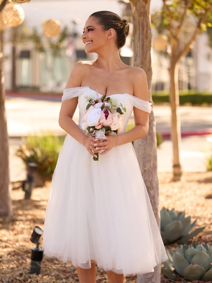 Sweet A Line Off The Shoulder Little White Tulle Wedding Dresses