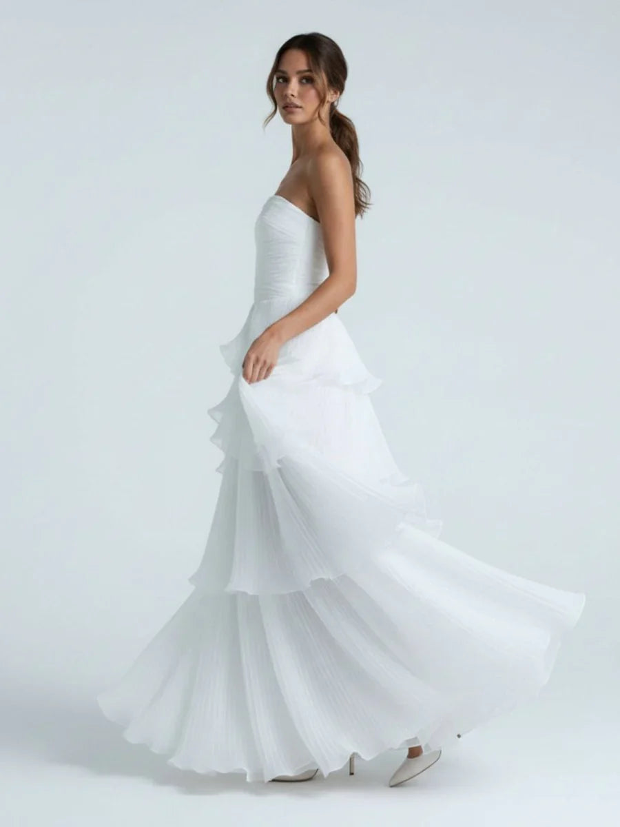Cute A Line Chiffon Strapless Tiered Wedding Dresses