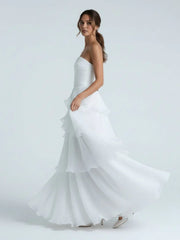 Cute A Line Chiffon Strapless Tiered Wedding Dresses