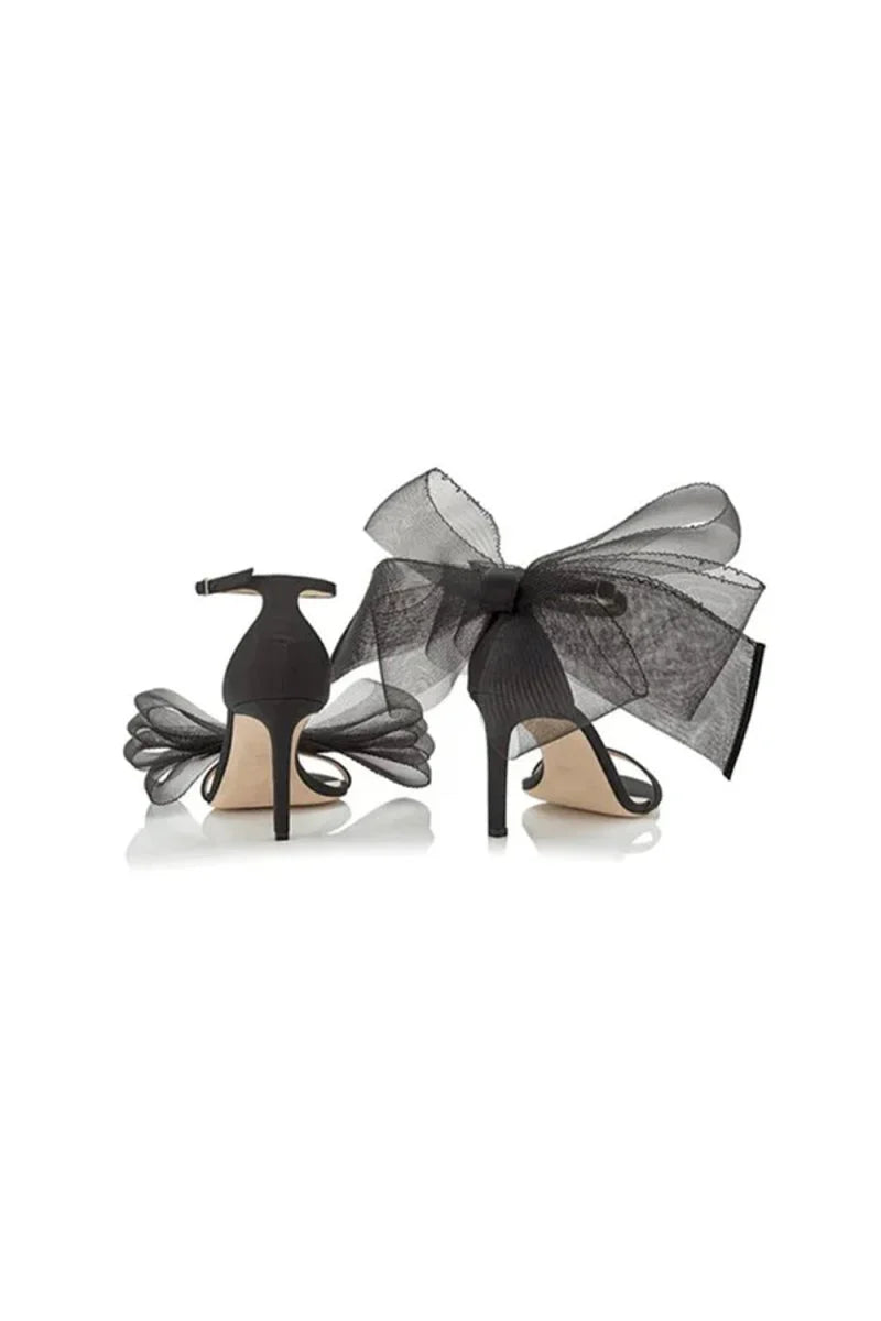 Asymmetric Bow Embellished Satin High Heel Sandals
