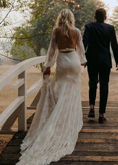 Long Lartern Sleeve Mermaid V Neck Backless Lace Bohemian Wedding Dresses