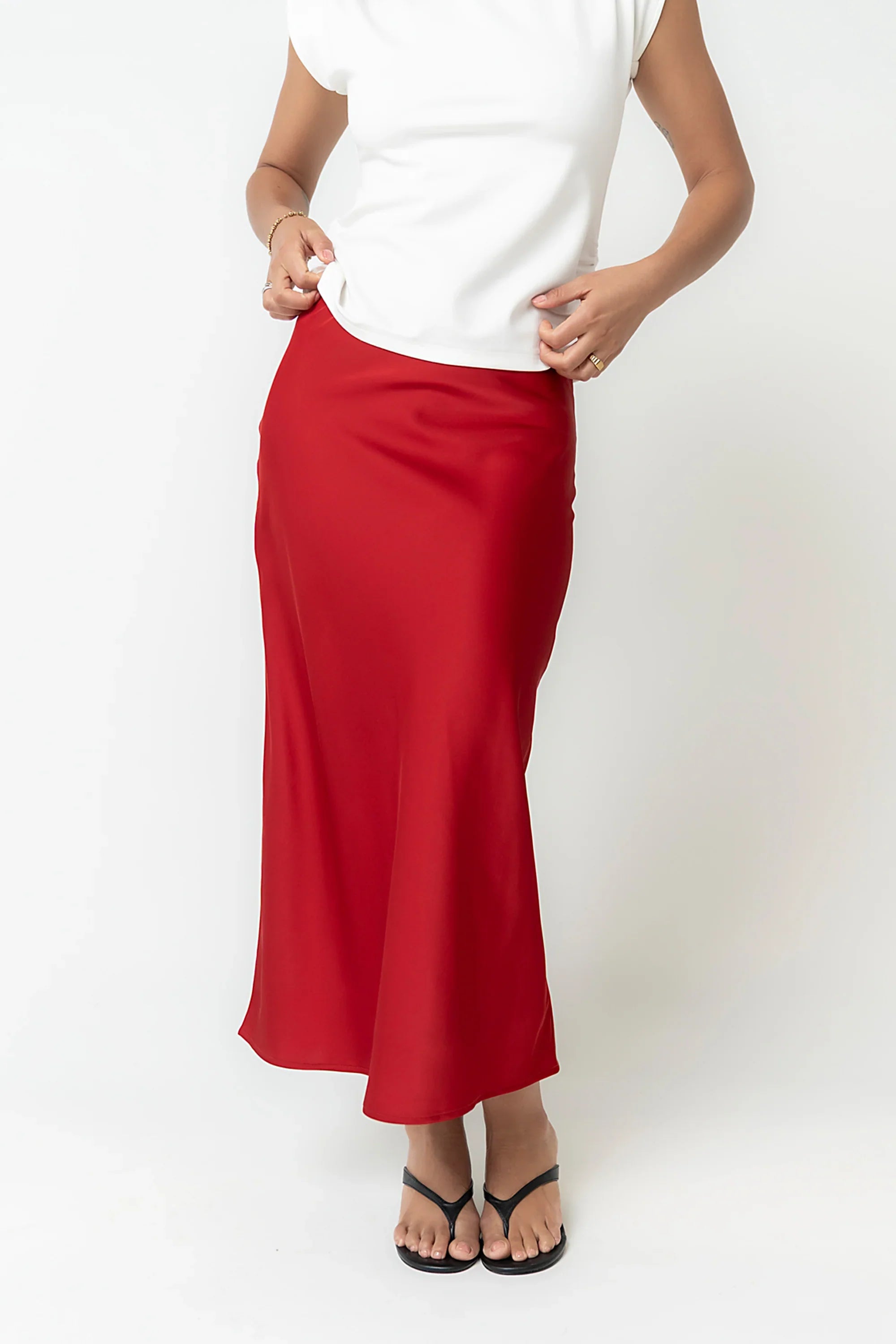 Tory Satin Maxi Skirt in Red Brown