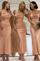 Dusty Rose Satin Sheath Lace Up Back Bridesmaid Dress