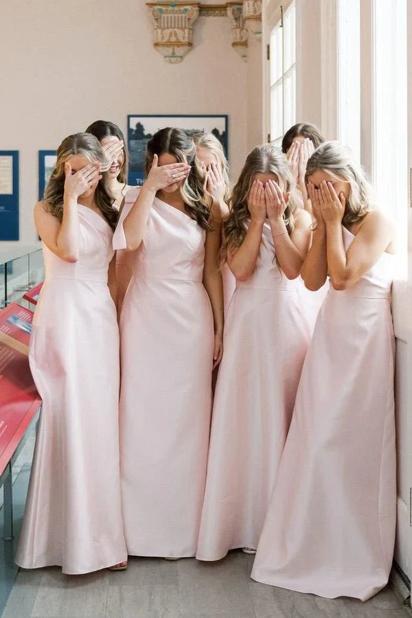 One Shoulder Stretch Matte Satin Sheath Long Bridesmaid Dresses