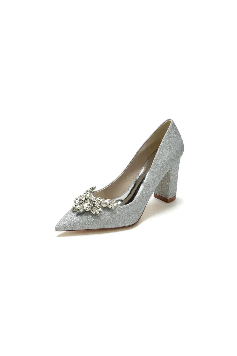 Sparkle Pointed Toe Glitter Chunky Heels With Rhinestone
