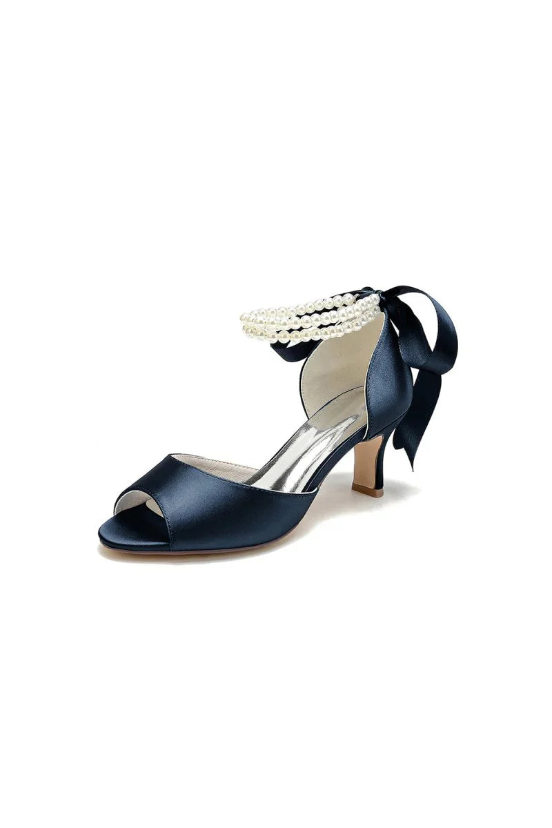 Chic White Satin Heels Featuring a Pearl Embellished Bow