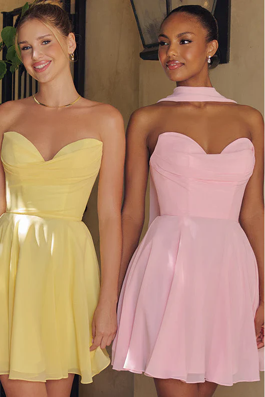 Ella Mini Dress A line Strapless Chiffon Cocktail Dress With Scarf