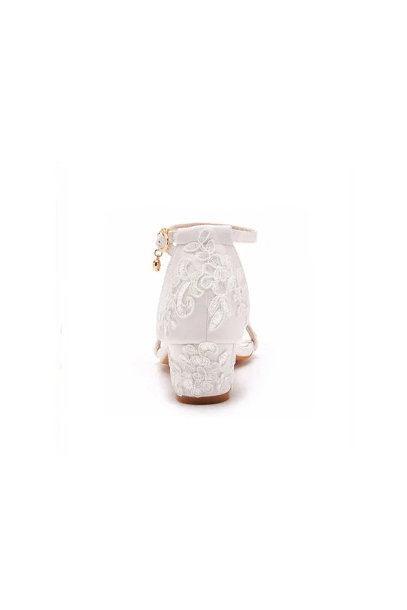Elegant White Lace Open Toe Ankle strap Block Heels
