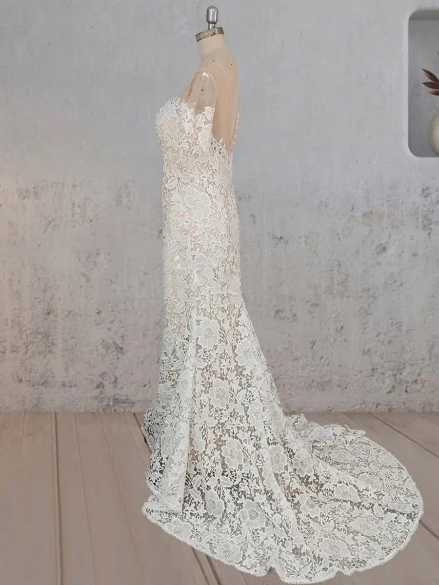 Mermaid Scoop Illusion Neck Floral Wedding Dress