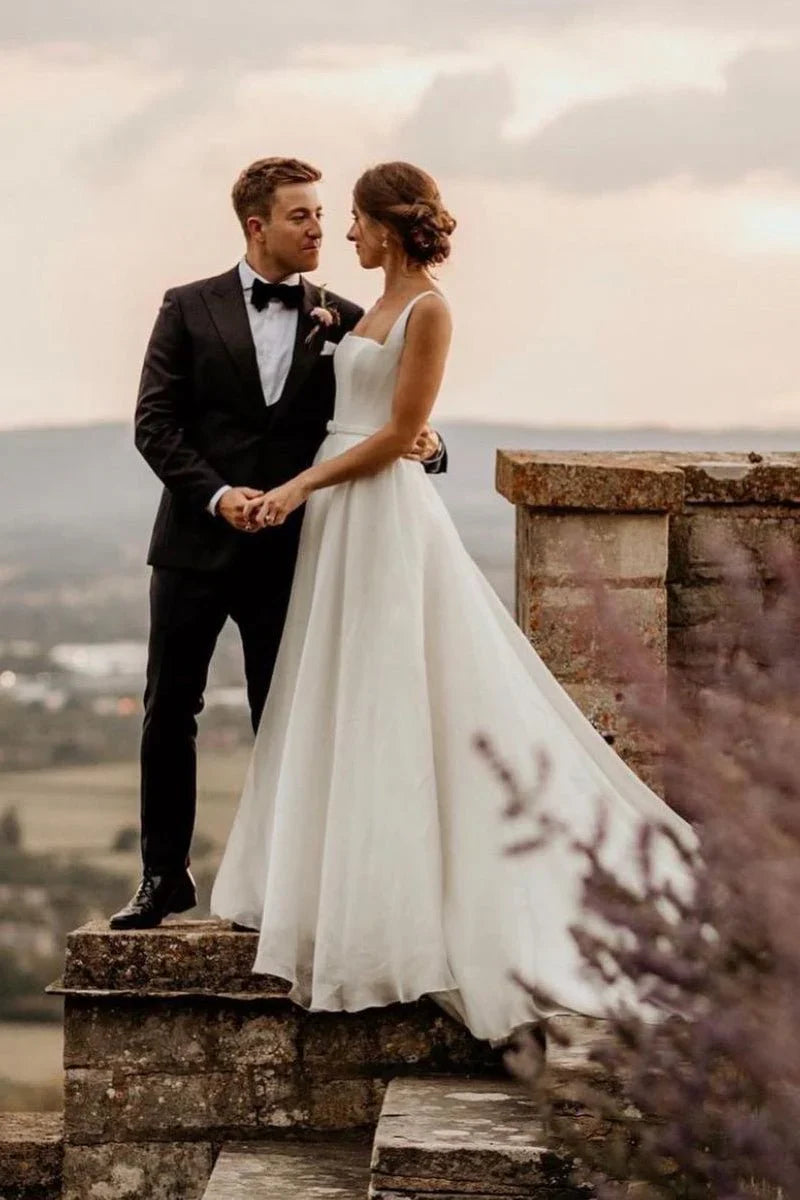 Chaming A Line Square Neck White Wedding Dresses