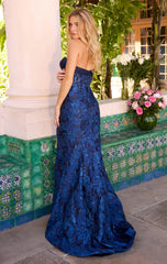 42313 Ava Presley Jacquard Navy Blue Strapless Gown