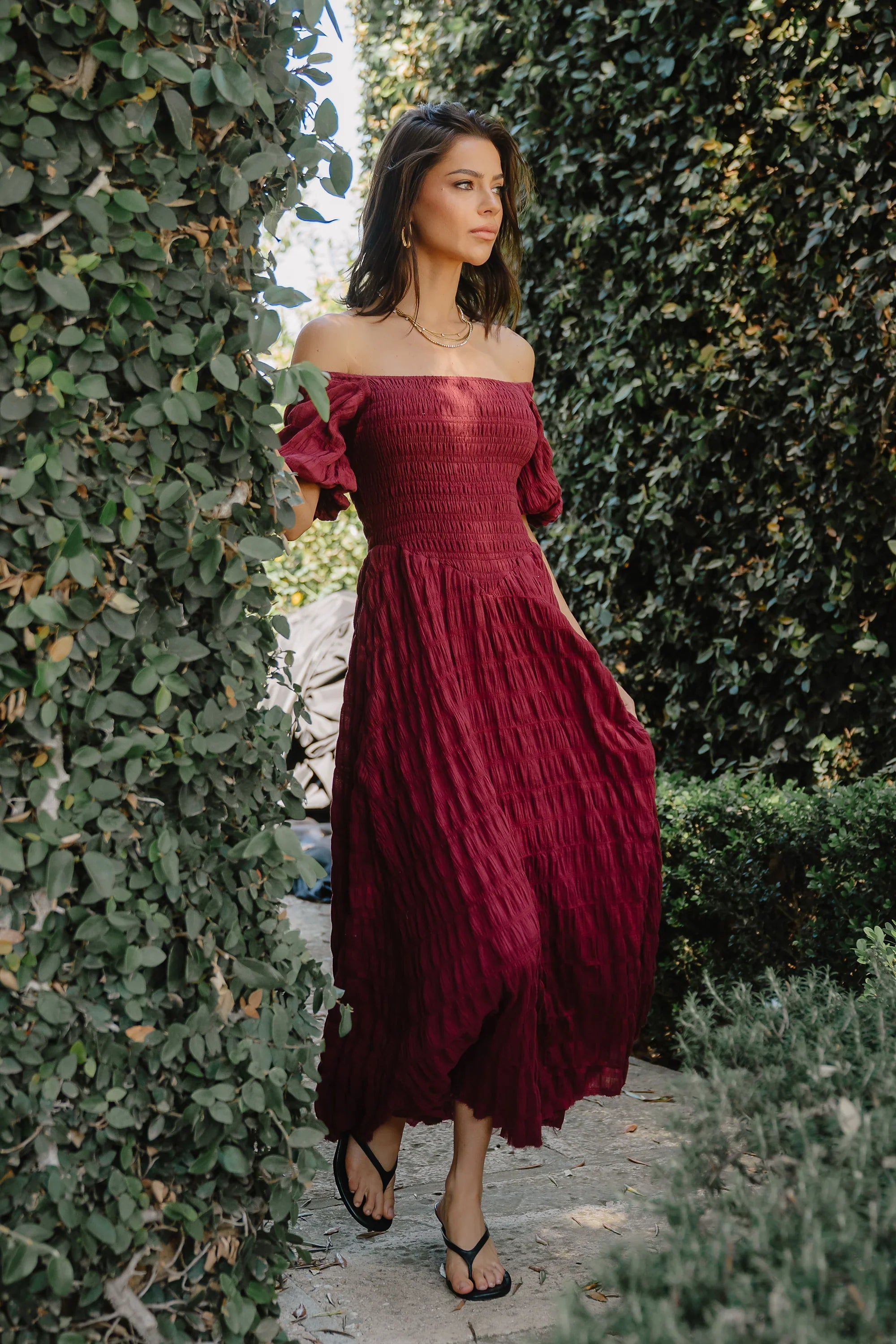 Beckie Smocked Maxi Dress in Burgundy