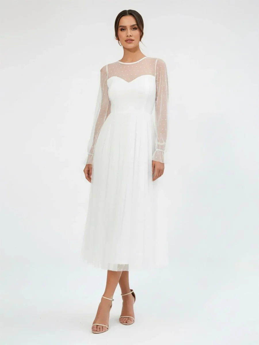 Elegant A Line Long Sleeve Tea Length Wedding Dresses
