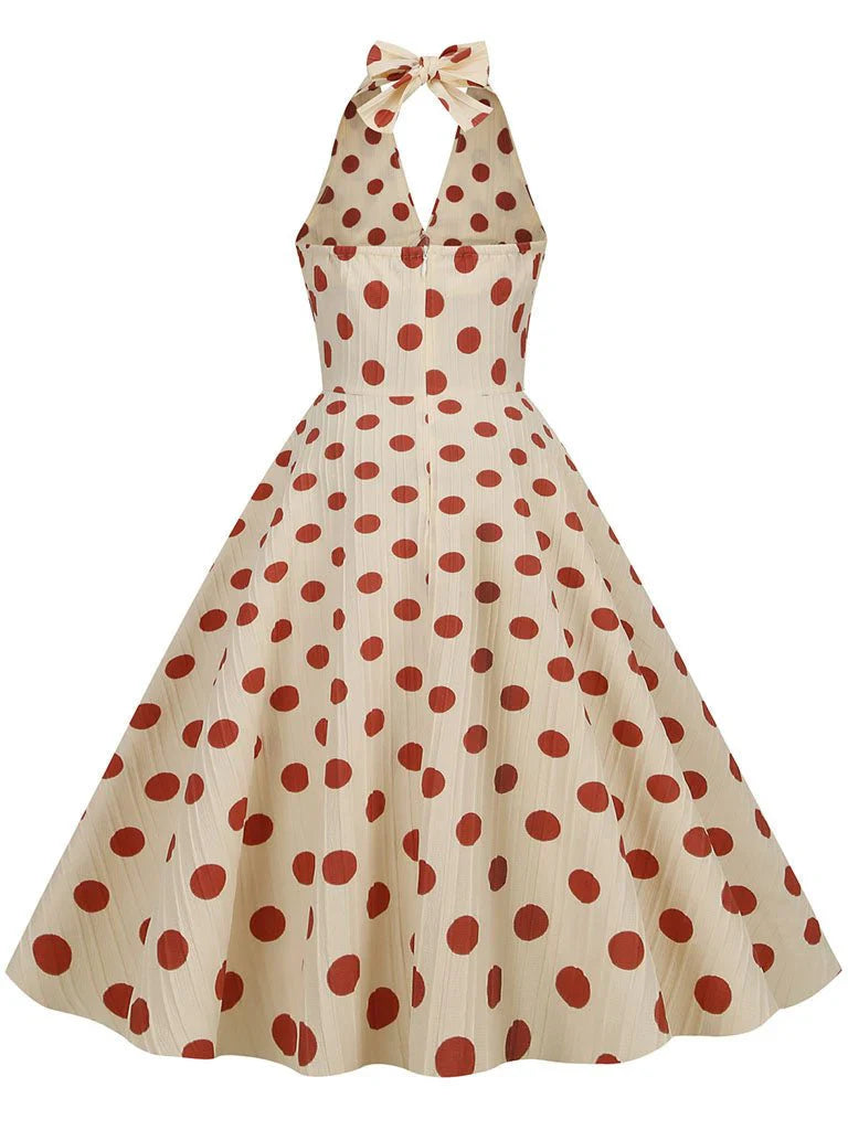 Polka Dots Halter Audrey Hepburn Style 1950S Vintage Dress With Bow Backless