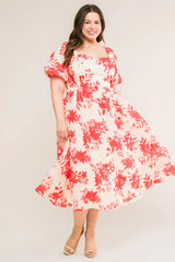 COTTAGE GARDEN PUFF SLEEVE MIDI DRESS RED