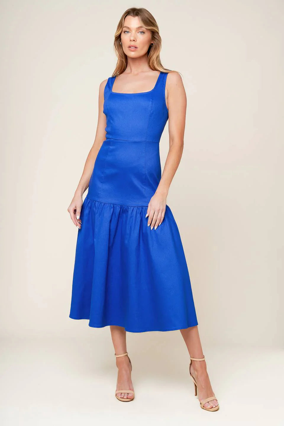 BONNIE BLUE MIDI DRESS WITH SQUARE NECKLINE DROP WAIST