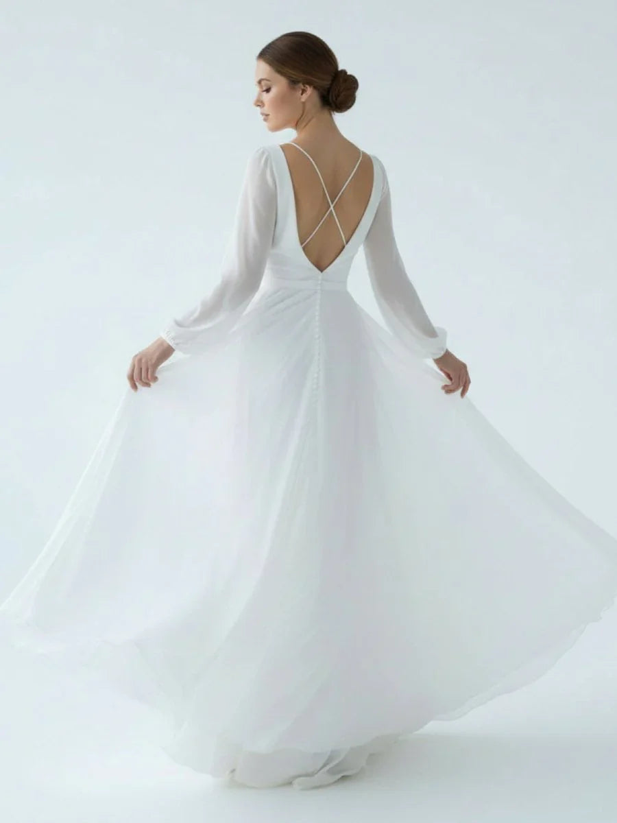 A Line Illusion Neck Long Sleeves Sweep Train Organza Wedding Dresses
