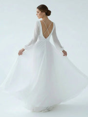 A Line Illusion Neck Long Sleeves Sweep Train Organza Wedding Dresses