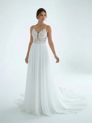 A Line V Neck Chiffon Boho White Appliques Wedding Dresses
