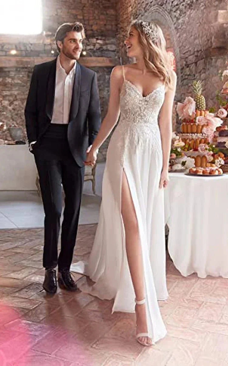 A Line Spaghetti Chiffon Wedding Dress Simple Bohemian Elegant Summer Beach Garden With Open Back And Sleevesless And Split Front