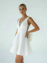 A Line White Satin V Neck Short Wedding Dress with Bow