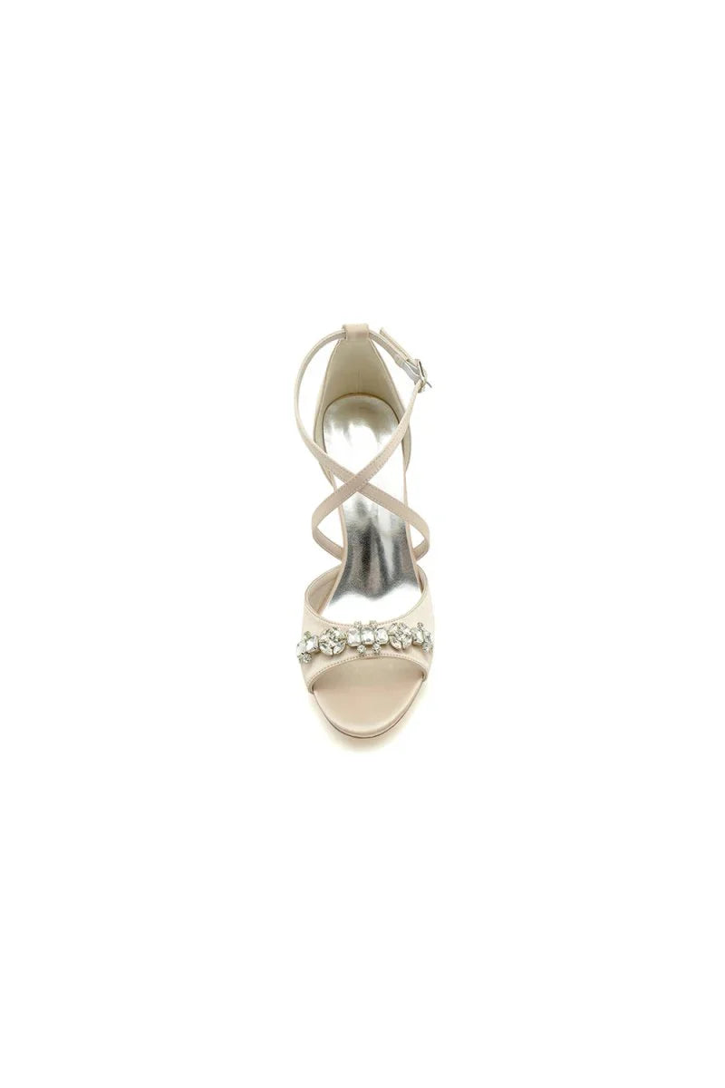 Champagne Cross Strap High Heels with Crystal Embellishments