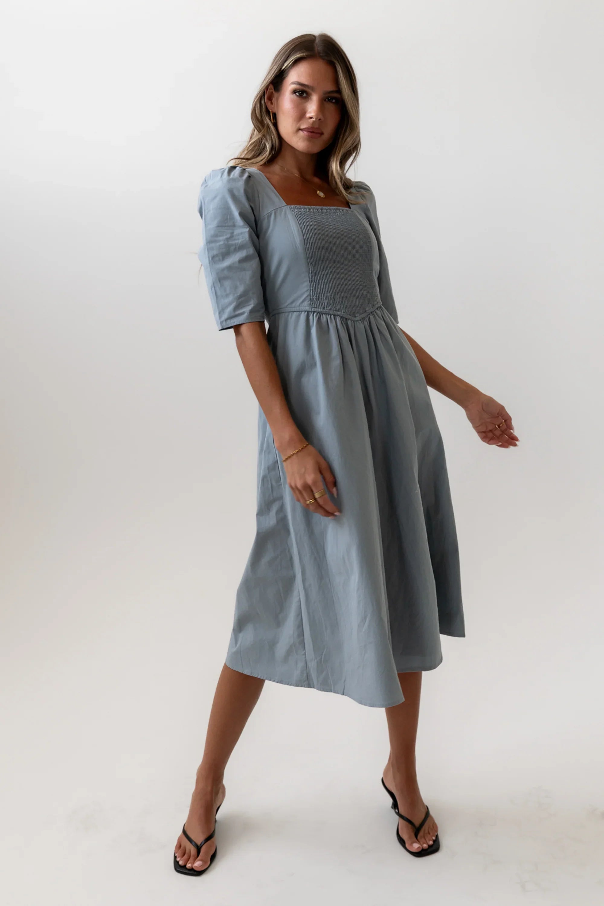 Paisley Smocked Midi Dress in Slate Blue FINAL SALE