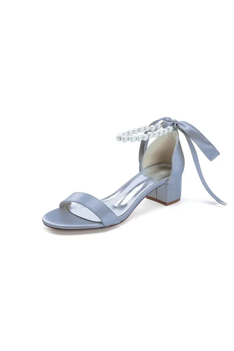 Block Heel Sandal Adorned with Pearl Ankle Band and Ribbon Bow