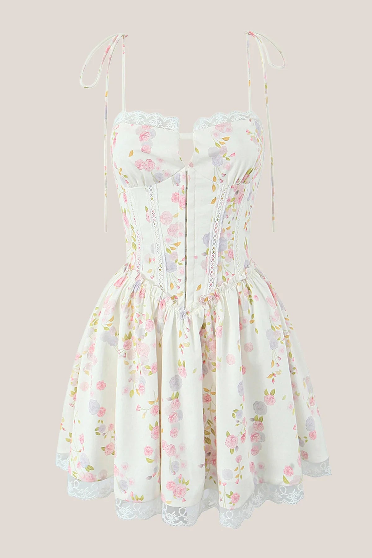 White Warm Rose Print Cotton Lace Trim Mini Dress
