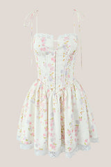 White Warm Rose Print Cotton Lace Trim Mini Dress