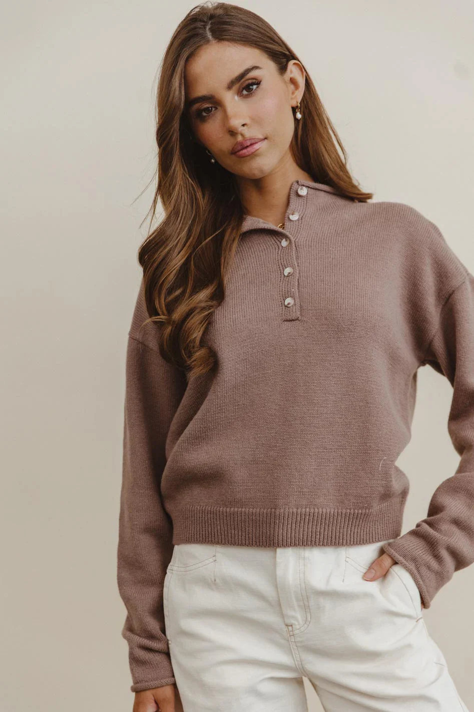 Meli Button Front Knit Sweater in Taupe FINAL SALE
