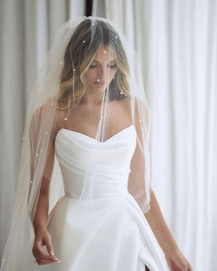 A Line White Sleeveless Satin Wedding Dress With Side Slit